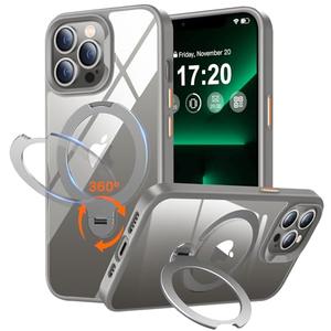 PuyaTeya 360° Rotatable Magnetic Stand for iPhone 13 pro max Case Compatible with Mag-Safe 16FT Military Drop Protection, Anti-Scratch/Fingerprint Shockproof iPhone 13 pro max Phone Case(Clear-Grey)