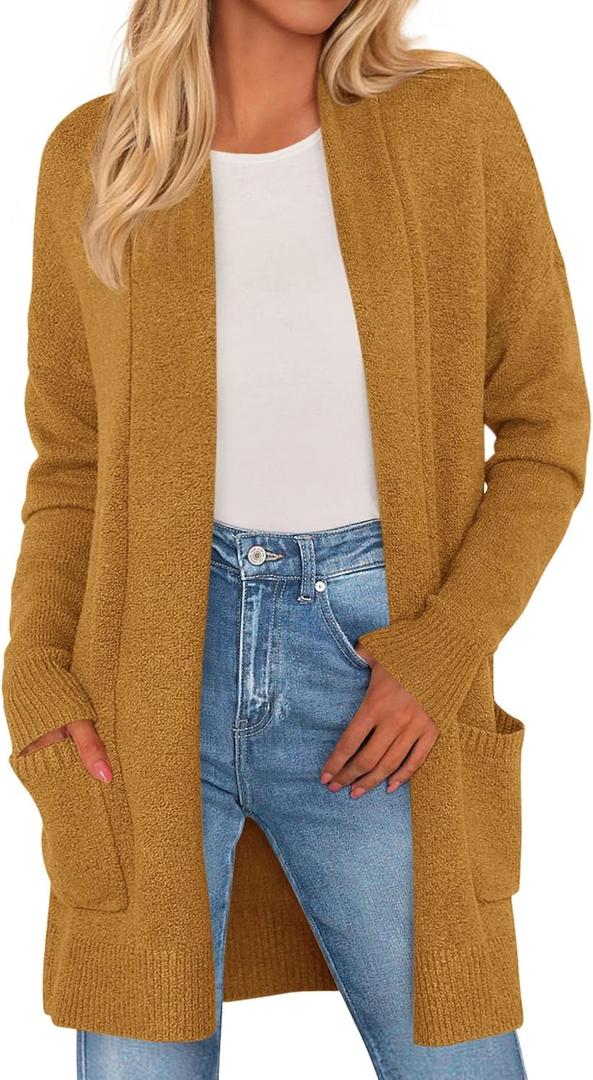 PRETTYGARDEN Long Cardigan Sweaters for Women Winter Clothing 2026 Fall Knitted Open Front Cozy Sweater with Pockets (Brown, M)