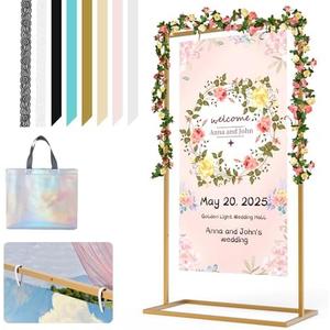 Wedding Sign Holder, 57x31x15"Welcome to Our Wedding Sign Stand Metal Wedding Sign with 8 Pair Satin Ribbon & 2 Pair Leather Sign Straps,Storage Bag, Flower Vine,Heavy Duty Easel Stand for Sign,Poster