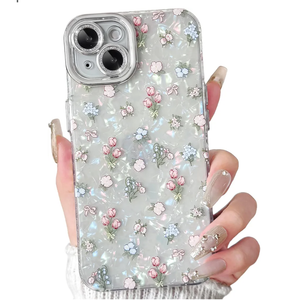 NITITOP Compatible with iPhone 14 Plus / 15 Plus Case Cute Flower Floral Shell Textures for Girls Women Soft TPU Slim Hard Back with Lens Protective Phone Cover - Tulip Pack of 2