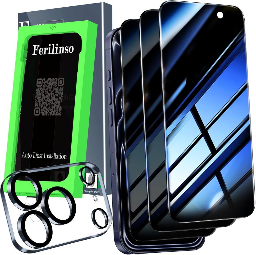 Ferilinso Auto-Dust-Install 3 Pack Privacy Screen Protector for iPhone 17 Pro Max with (Private Accessories)-Metal Aluminum Alloy Camera Lens Protector, Tempered Glass Cover, Case Friendly