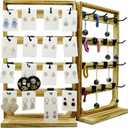 Wooden Foldable Jewelry Display Stand with Removable 32 Hooks, Earring Cards necklace bracelet Keychain Showcase Cascading Merchandise Organizer For Selling For vendor events (Vintage)