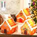 Christmas Gingerbread House Tabletop Decoration Lighted Christmas Village House Real Wax Battery Operated with Remote Flickering LED Light Christmas Village Decor for Mantel Desk Table Centerpiece
