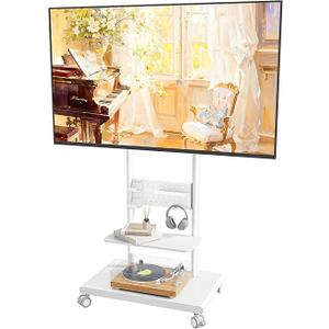 Rolling TV Stand with Versatile Storage Pegboard for 37-75 inch TVs up to 154lbs, Height Adjustable Mobile TV Stand with Storage Shelves, Tilt Swivel TV Cart Max VESA 600x400mm, White