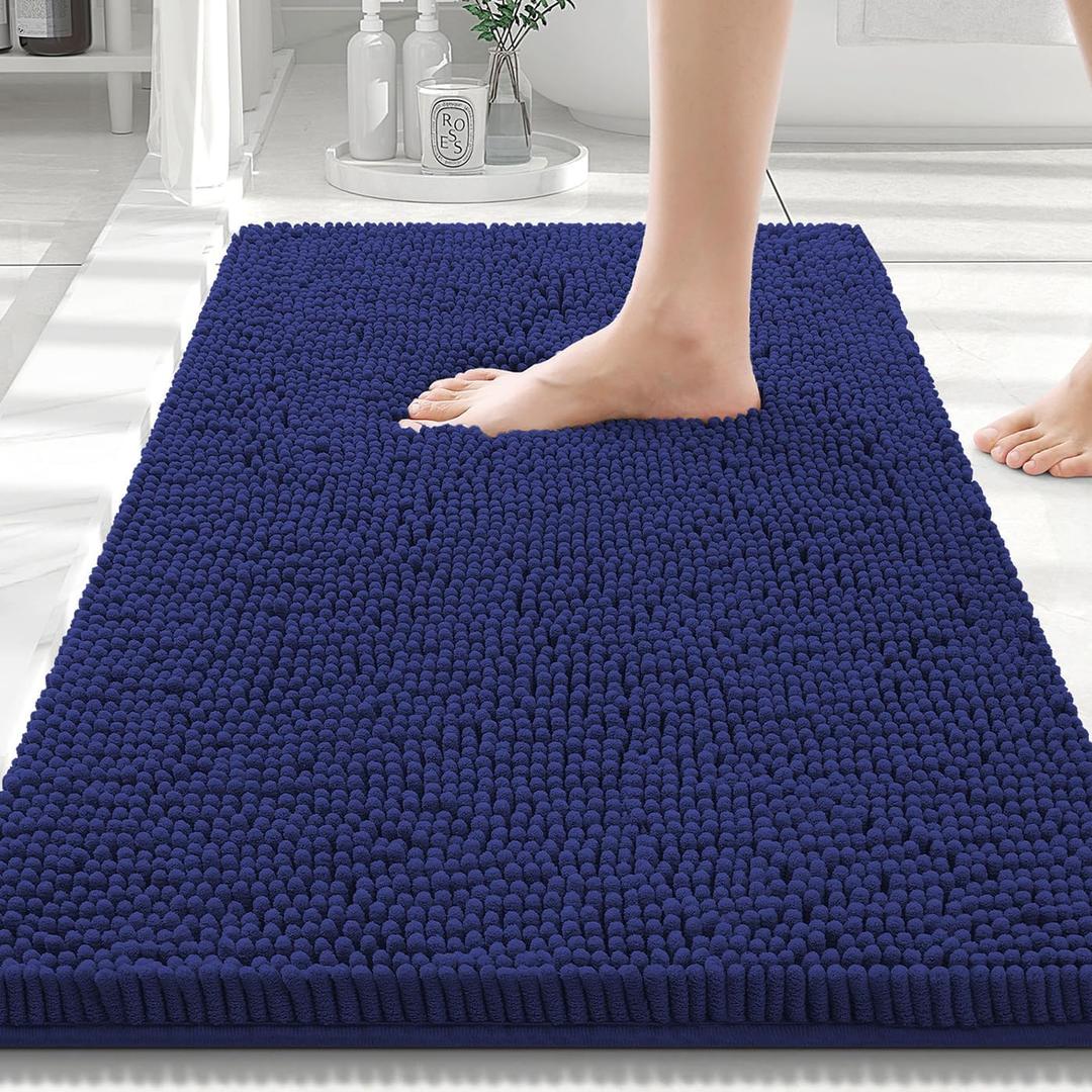 Smiry Luxury Chenille Bathroom Rugs 30x20, Extra Soft and Absorbent Shaggy Bath Mat, Machine Washable, Non-Slip Plush Carpet Runner for Tub, Shower, and Floor, Home Decor Accessories, Deep Blue