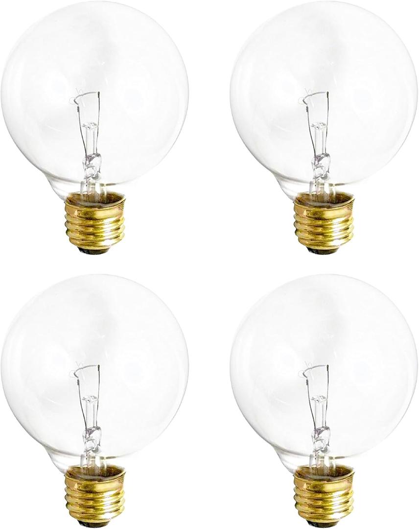 (4 Pack) G25 Globe Light Bulbs 25W Incandescent, 2700K Soft White, E26 Base, Dimmable Crystal Clear Vanity Bulbs for Bathroom, Mirror, Pendant Fixtures, Clear