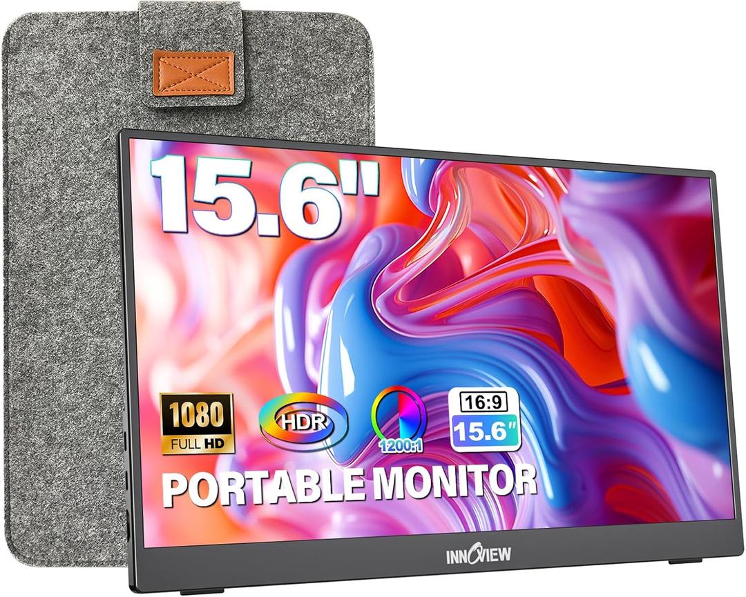 InnoView Portable Monitor 15.6" 1080P for Laptop with Protective Sleeve, Built-in 90 Adjustable Stand USB C HDMI Ultra-Slim Portable Laptop Monitor for MacBook Phone PS Xbox Switch