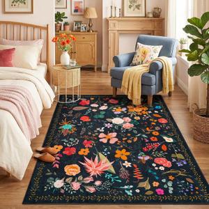 Area Rug for Living Room, 4x6Ft Washable Rug, Floral Low Pile Non-Slip Carpet for Bedroom Office Playroom Entryway Kitchen Dining Room, Black