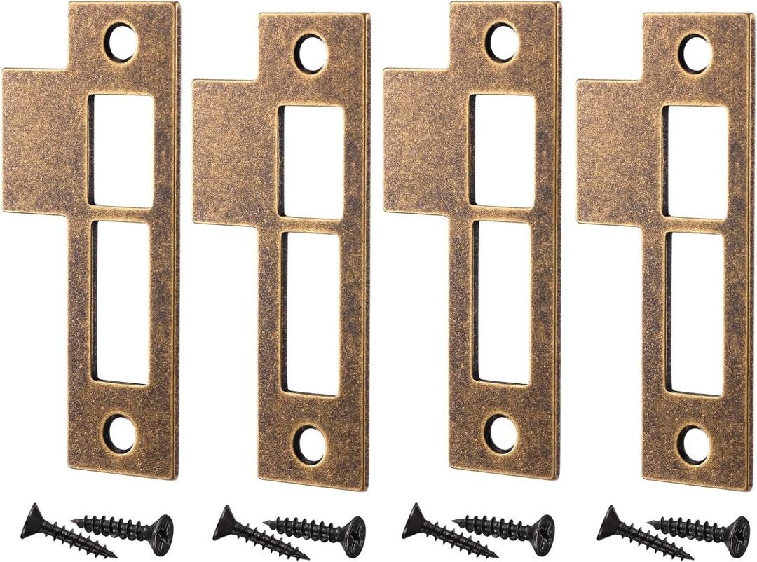 4pcs Antique Brass Door Strike Plate Latch with Screws Solid Brass Replacement Latch Striker Keeper for Mortise, Vintage, Striker, Keeper (3.5inch)