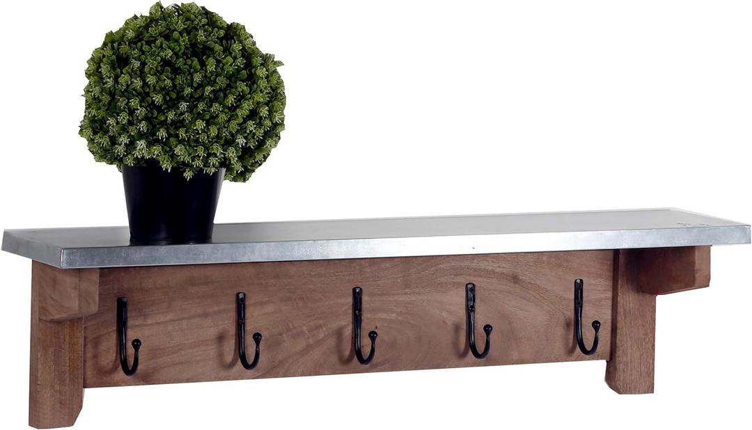 Millwork 40-Inch Wood and Zinc Metal Coat Hook Shelf, Industrial Design with Antique Iron Hooks, Wall Mounted Storage for Entryway, Mudroom, Laundry Room, 5 Hooks, 40 in. W x 8 in. D x 10 in. H