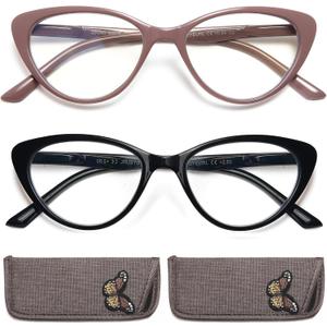 EYEURL Cat Eye Reading Glasses for Women - 2 Pack Blue Light Blocking Computer Readers 2.25 Spring Hinge Anti Glare/UV Ray Eyeglasses