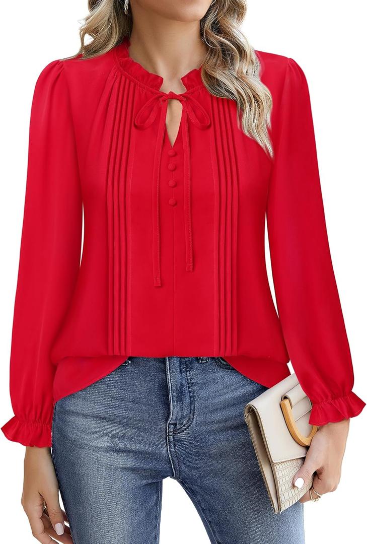 Timeson Women's Business Casual Tops Long Sleeve Work Blouses Chiffon Office Shirts (X-Large, Red)