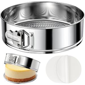 9 Inch 304 Stainless Steel Springform Pan with Removable Bottom, Nonstick Round Spring Form Cheesecake Pan with 30 Pcs Parchment Paper Liners