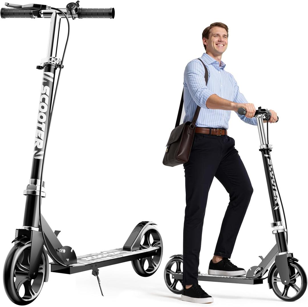 Scooters for Kids 8-12, Teens & Adults - Lightweight, Foldable, 8-Inch Big Wheels, Hand Brake & Bell, 4 Adjustable Height Levels, 240 lbs Max Load, Perfect for School, Campus and Park Rides (Black)