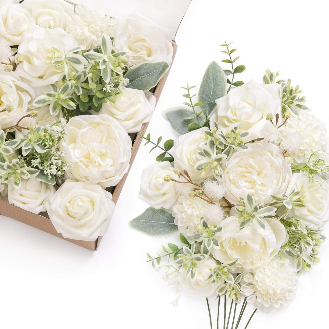 Ling's moment Fake Flowers Box, Faux Artificial Greenery Stems Foam Roses Dahlia Silk Peony Fabic Flower for Centerpieces Bouquet Wedding Vase Floral Arrangement Decoration, Ivory & Sage, Grand Combo