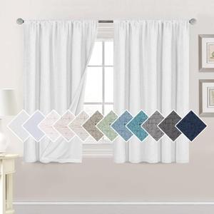 H.VERSAILTEX Linen Look 100% Blackout Curtains 45 Inches Long for Bedroom Full Light Blocking Rod Pocket Linen Textured Thick Window Curtain Drapes with White Backing, Pure White, 2 Panels