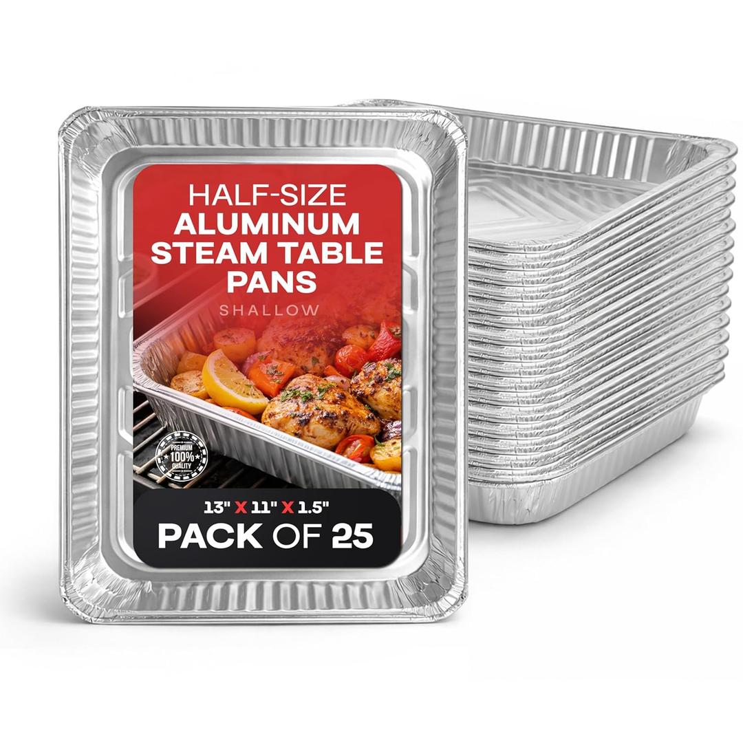 IDL Packaging Half-Size Aluminum Steam Table Pans - Shallow, 13" x 11" x 1.5" (pack of 25) - Disposable Foil Pan for Grilling, Roasting, BBQ, Cooking, Baking, Freezing