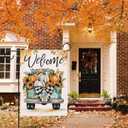 Artofy Welcome Fall Pumpkin Small Decorative Garden Flag, Autumn Thanksgiving Harvest Season Teal Truck Yard Lawn Outside Decor, Sunflower Leaves Burlap Outdoor Home Decoration Double Sided 12 x 18