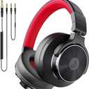 Wired Over Ear Headphones, Studio Monitor & Mixing DJ Headphones with 50mm Neodymium Drivers and 1/4 to 3.5mm Jack for Guitar Podcast AMP Piano Keyboard (Black-Red)