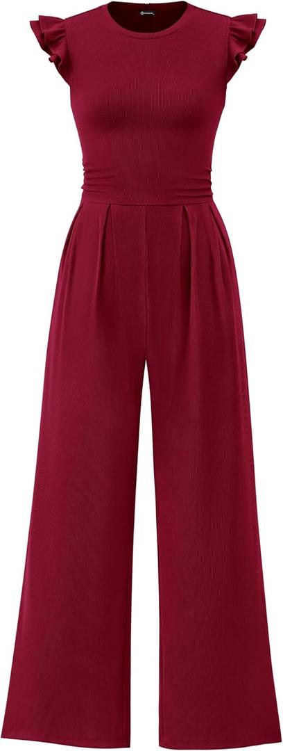 PRETTYGARDEN Summer Jumpsuits for Women Dressy 2025 Fashion Ruffle Cap Sleeve Romper Crew Neck Rib Knit One Piece Outfits (Large, Wine Red)