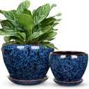 Hollyone 9+7 Inch Ceramic Planter Set of 2 Blue Ceramic Plant Pot for Plants Flowers with Drainage Hole and Saucers Ceramic Glaze Round Plant Pot Indoor Outdoor Large Succulent Orchid Flower Pot
