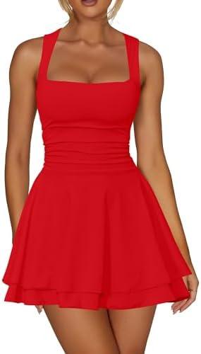 Kaximil Women's Square Neck Ruffle Hem Mini Dress Ruched Waist Short Party Dresses, Large, Red 