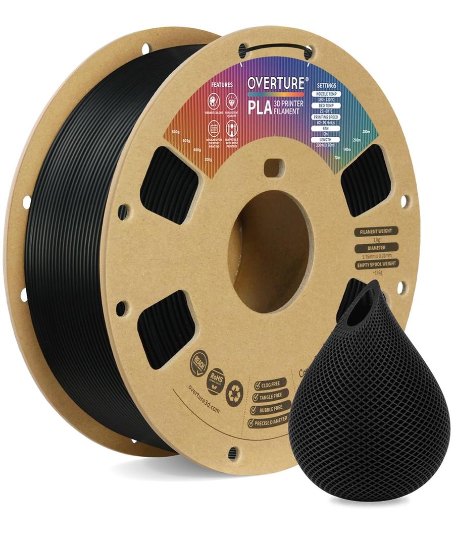OVERTURE PLA Filament 1.75mm PLA 3D Printer Filament, 1kg Cardboard Spool (2.2lbs), Dimensional Accuracy +/- 0.02mm, Fit Most FDM Printer (Black 1-Pack)
