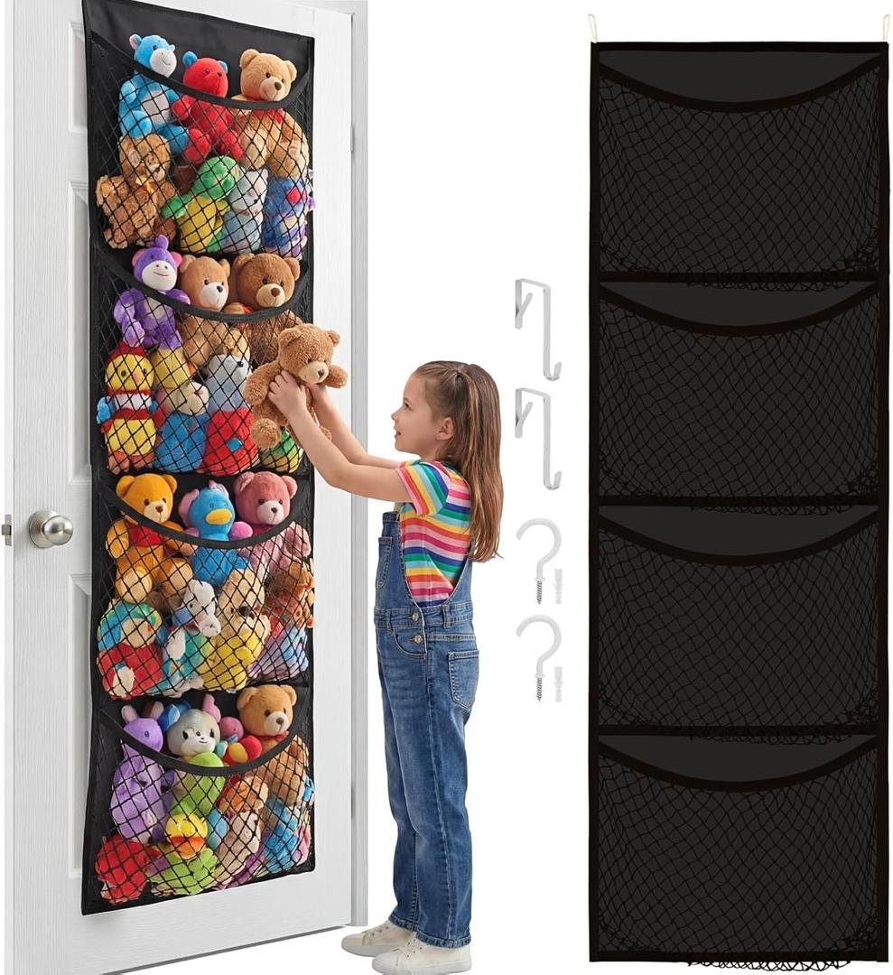 Ofiray-home Over The Door Stuffed Animal Storage, Cotton Toy Organizer for Storage Plush Toys, Stuffed Animal Holder with 4 Large Pockets, Hanging Door Organizer for Nursery, Bedroom (Black)