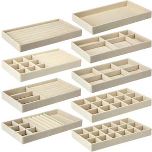 Velvet Jewelry Trays Organizer Stackable Jewelry Trays Drawer Inserts Earring Organizer for Necklace, Ring, Bracelet, Watch, Beige 9 Styles