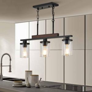 Wood Island Light for Kitchen/Restaurant,3-Light Farmhouse Dining Room Fixture/Chandelier Over Table/Bar,Matte Black Industrial Linear Pendant Lighting Fixtures Ceiling Hanging with Glass Shade-E26