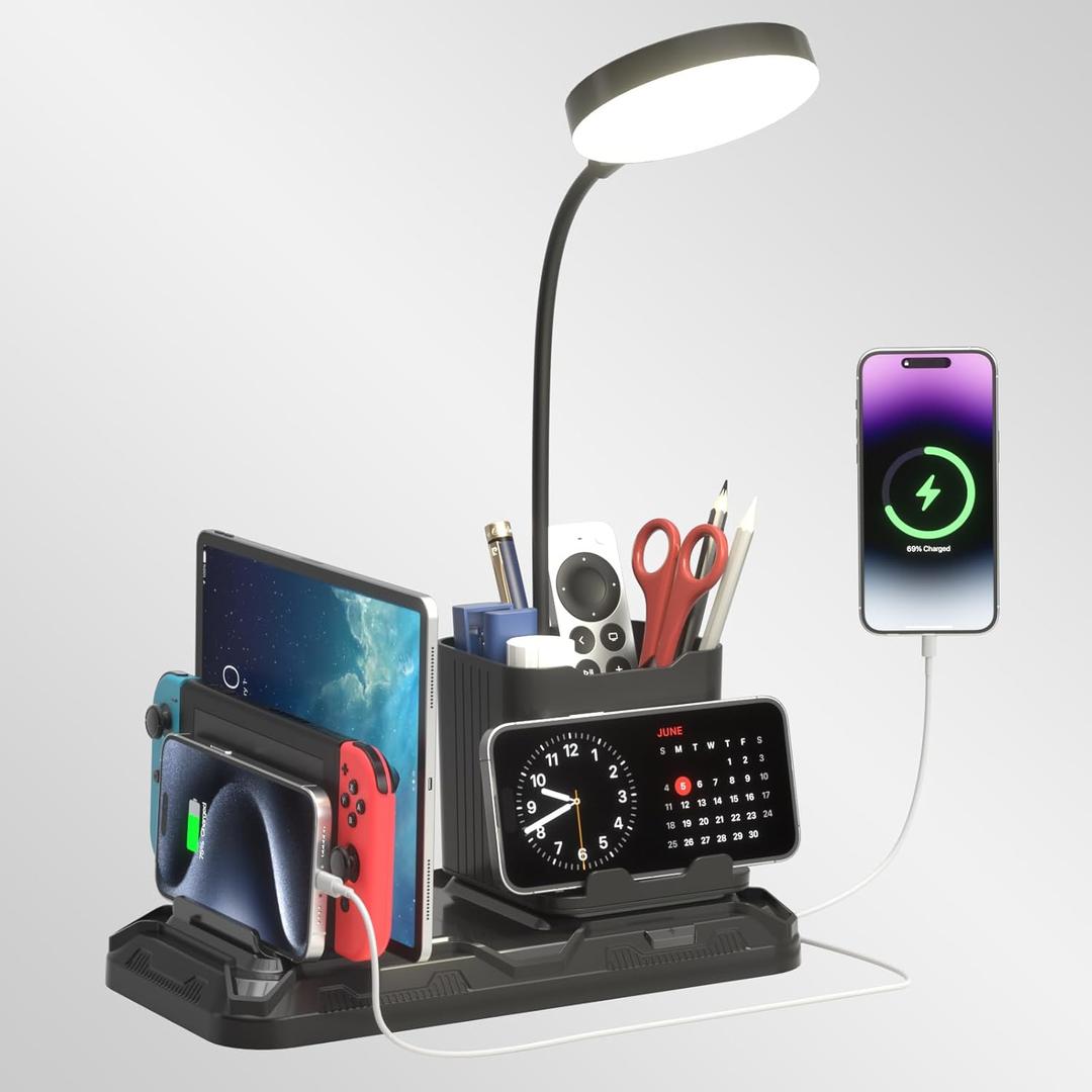 KDD Desk Lamp with USB A&C Charger Ports - Reading Desktop Light with Pen & Phone Holder - Adjustable Brightness Lights with Device Slots - 360Gooseneck Table Lamp for Home Office College Dorm Room