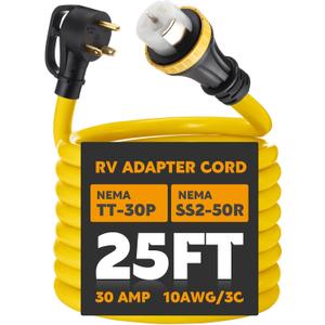 25ft 30 Amp to 50 Amp RV Locking Adapter Cord Compatible with Nema TT-30P Male to SS2-50R, Locking Female Power Dog Bone Plug for RV Trailer Camper, STW 10 Awg/3c