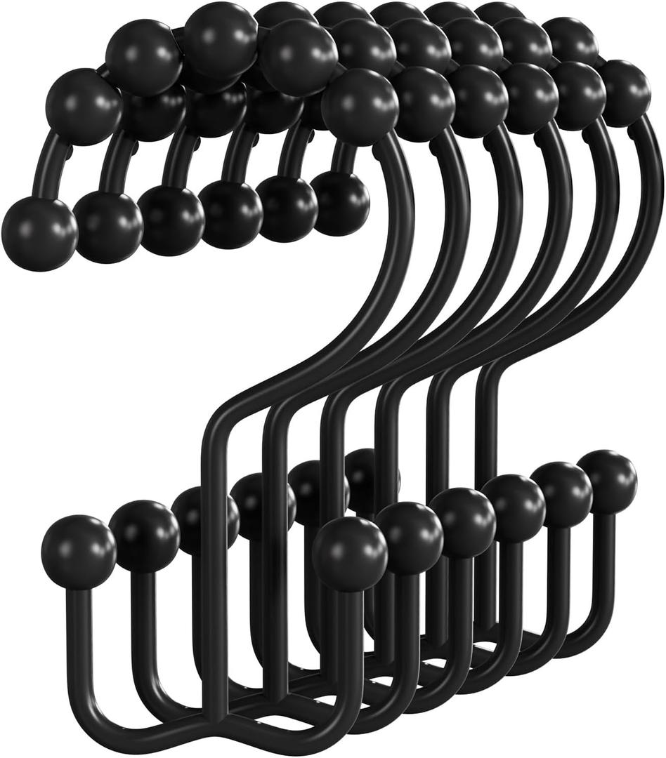 Bathway Shower Curtain Hooks Matte Black Shower Curtain Rings, 12 Pcs Double Hook Shower Curtain Hooks Rings Shower Curtain Hangers Rust Proof, Metal Shower Hooks for Bathroom Shower Curtain Rod