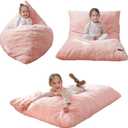 MAXYOYO 3 in 1 Kids Bean Bag Chair Bed, Child Floor Sofa for Gaming, Reading, Faux Fur Floor Mattress with High-Density Foam Filling for Living Room Bedroom (Pink)