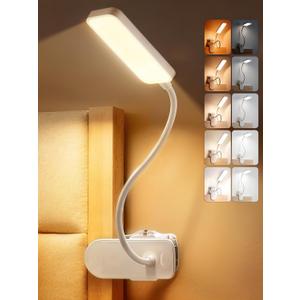 Clip on Lamp,9 Brightness+5 Color Clamp Light,4000mAh Battery Rechargeable Desk Lamp with Clamp,450 Lumen 48 LED Desk Light, Cordless Clip on Reading Lights for Bed/Headboard/Bedside Table (White)