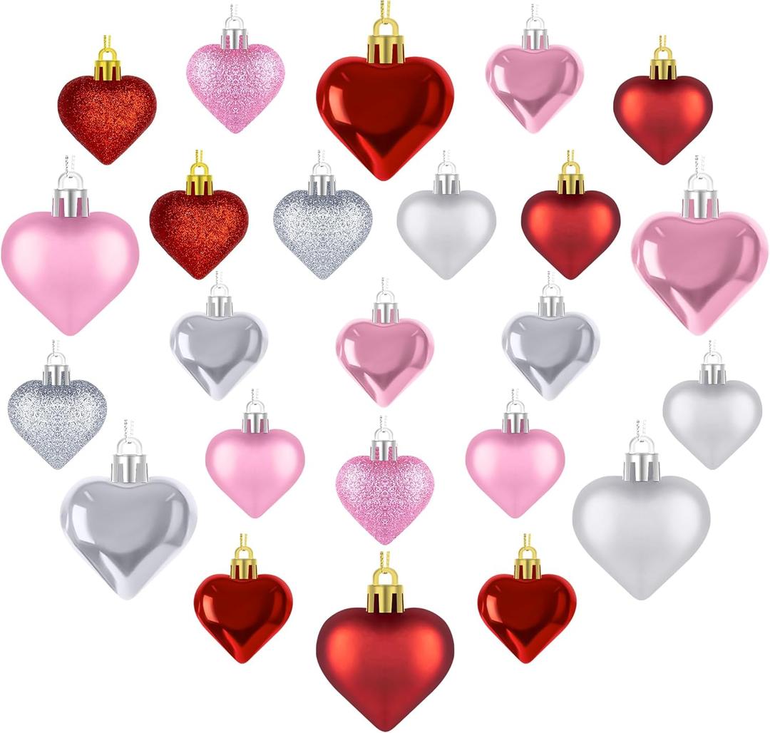 8 x Melisheer 24pcs Valentines Day Heart Ornaments, Classic Red Pink Silver Shaped Hanging Baubles with 2 Sizes, Valentine's Decorations for Tree, Love Decor Outdoor Wedding Party Gift
