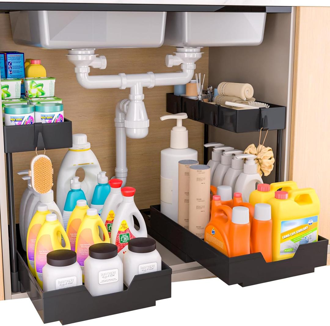 2 Pack Under Sink Organizer, 2 Tier Sliding L-shape Kitchen Bathroom Cabinet Organizers and Storage with Hook Large Capacity Pull Out Sink Organizer Multi-purpose Drawer Basket Storage Shelves, Black