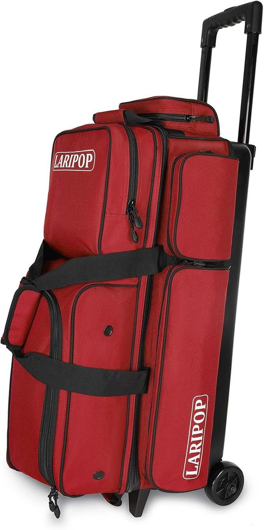 LARIPOP 3 Bowling Ball Bag With Wheels - Rolling Bag for Balls & Accessories - Retractable Handle Extends to 38" (Red)