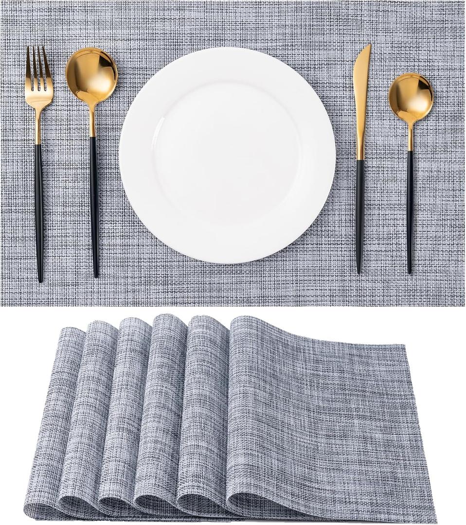 Placemats Set of 6 Washable Indoor/Outdoor Vinyl Place Mats for Dining Table Durable Non-Slip Heat Resistant PVC Weave Table Mats Gray