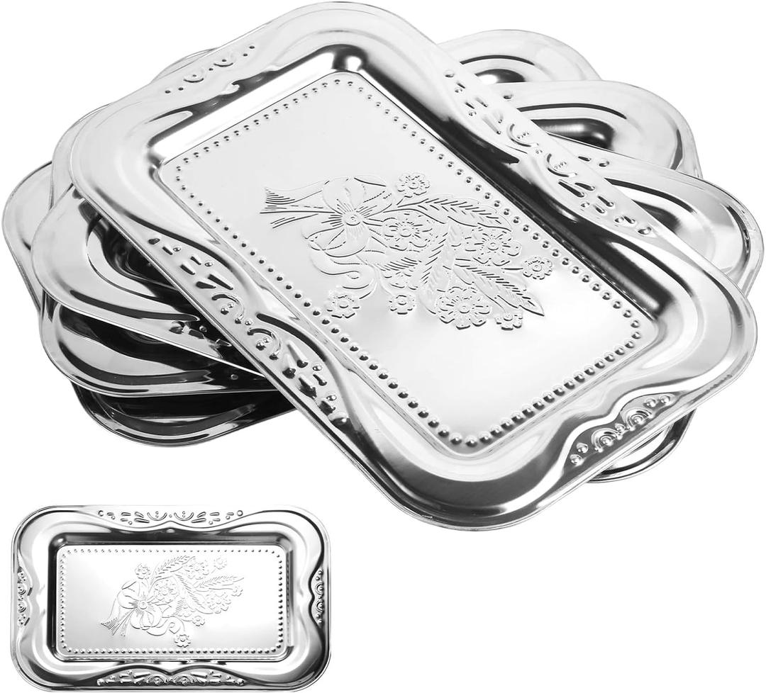 4pcs Silver Serving Trays Set, 13.8"x8.7"/35x22cm Stainless Steel Mirror Polished Decorative Trays Metal Party Platters Elegant Food Display Plate for Charcuterie Desserts Snacks Canapés Fruit