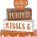 4 Pcs Fall Thanksgiving Decor for Home Hello Fall Wooden Signs with Sayings Thanksgiving Tiered Tray Decor Pumpkin Ice Cream Tabletop Centerpiece Harvest Wishes Block Sign for Office Kitchen Shelf