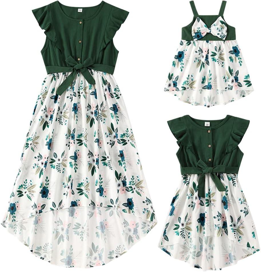 AWIBMK Mommy and Me Matching Dresses Leopard Ruffled Midi Dress Summer Solid Color Stripe Mom Daughter Matching Outfits (Green) Medium