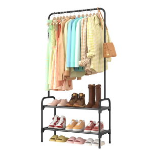 Sakugi Clothes Rack - Multi-Functional Clothing and Shoe Rack with Anti-Slip Stopper, Large-Capacity 2-Tier Shoe Organizer for Bedroom, Entryway, and Laundry Room, 29" x 11.8" x 59", Black
