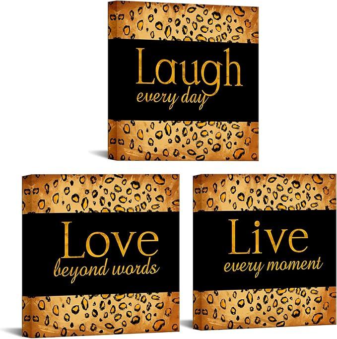 OuElegent 3 Piece Leopard Print Wall Decor Live Laugh Love Canvas Cheetah Wall Art for Modern Home Decor Stretched and Framed Ready to Hang