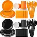 Dandat 280 Pieces Halloween Complete Tableware Pack 9" 7" Dinner Dessert Paper Plates 9oz Cups Napkins Plastic Forks Knives Spoons for Halloween Birthday Party Supplies, Serves 40(Black Orange)