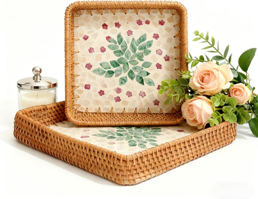 1 pcs Rectangle Rattan Serving Tray with Mother of Pearl Inlay, Decorative Wicker Tray for Coffee, Bread, Fruits, Elegant Table Decor for Living Room & Dining Room (10.6" x 10.6" x 1.9", Beige - Green & Pink Garden)