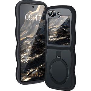 [Magnetic Stand & Wave Frame] Case for Samsung Galaxy Z Flip 6 Not Yellowing Translucent Z Flip 6/5 Phone Ring Cover for Women Men 7.6" Black