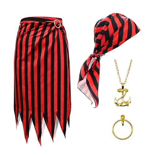 Prebene Pirate 3 Piece Set of Open Design Skirt Dress Headscarves Necklaces Earrings Accessories Cosplay Costume For Men Women (M(fit waist 29.5""-47.2"")), Red, M,( Without a Necklace)
