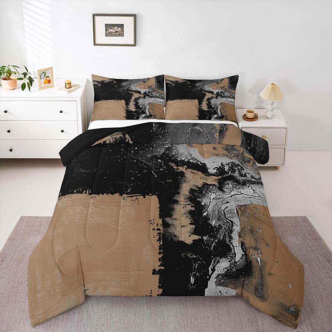 Feelyou Abstract Bedding Set Soft for Boys Girls, Modern Abstract Art Comforter Set King Size Luxury Duvet Quilt Microfiber Geometric Bedroom Decor Brown and Balck 3 Pcs with 2 Pillow Cases