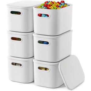 6 Pack White Storage Bins with Lids Stackable Storage Container for Organizing, Small Storage Boxes with Handle for Shelves, Cute Organizer Bins for Craft, Snacks, 9.85x6.9x5.7 inch